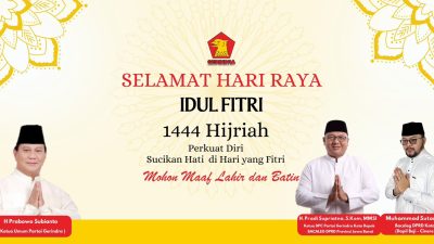 Muhammad Sutan dan Pradi Supriatna serta Ketua DPC Gerindra Kota Depok Mengucapkan Selamat Hari Raya Idulfitri 1444 HH